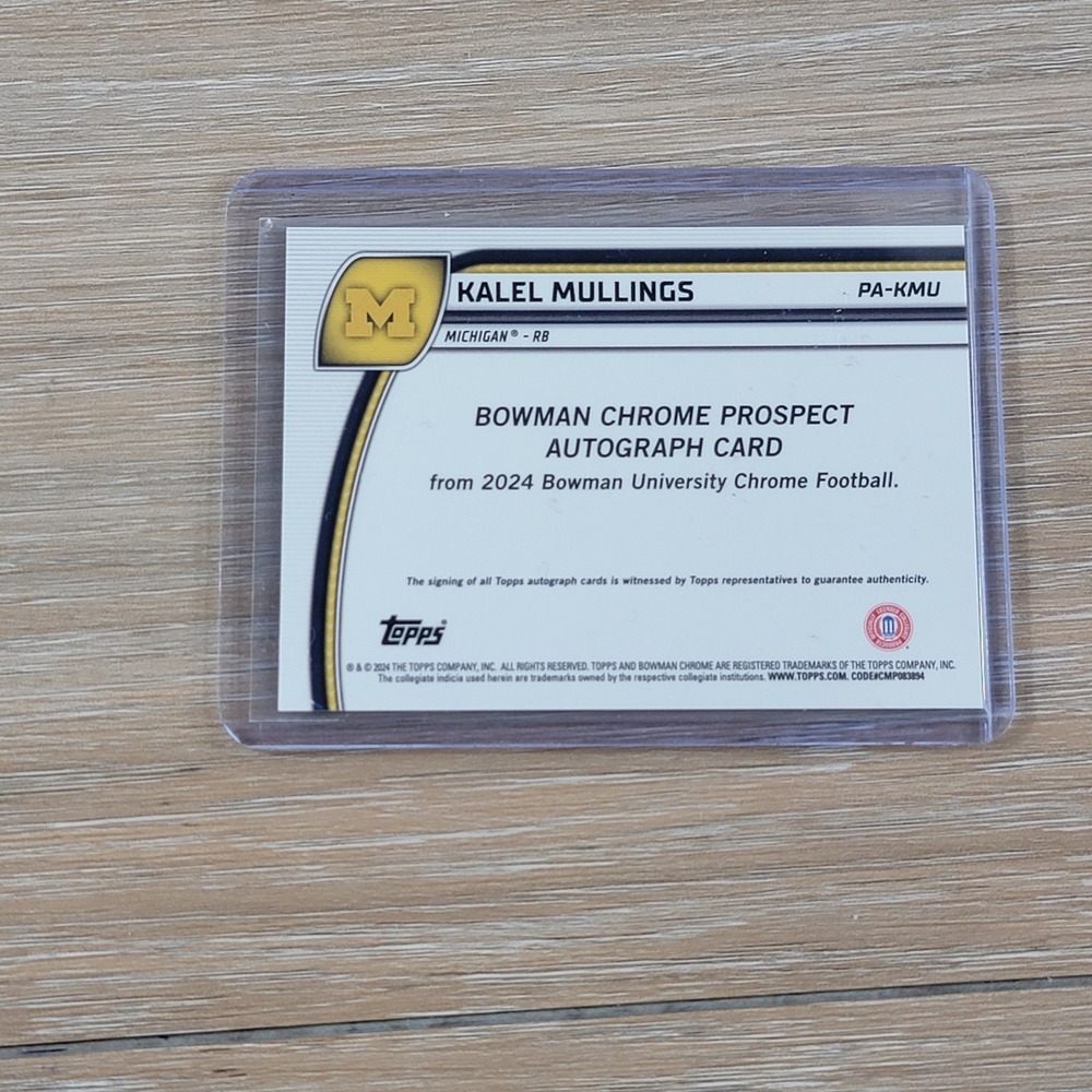 Kalel Mullings 2024 Bowman Chrome Autograph Prospect RC Michigan RB - Picture 4 of 5